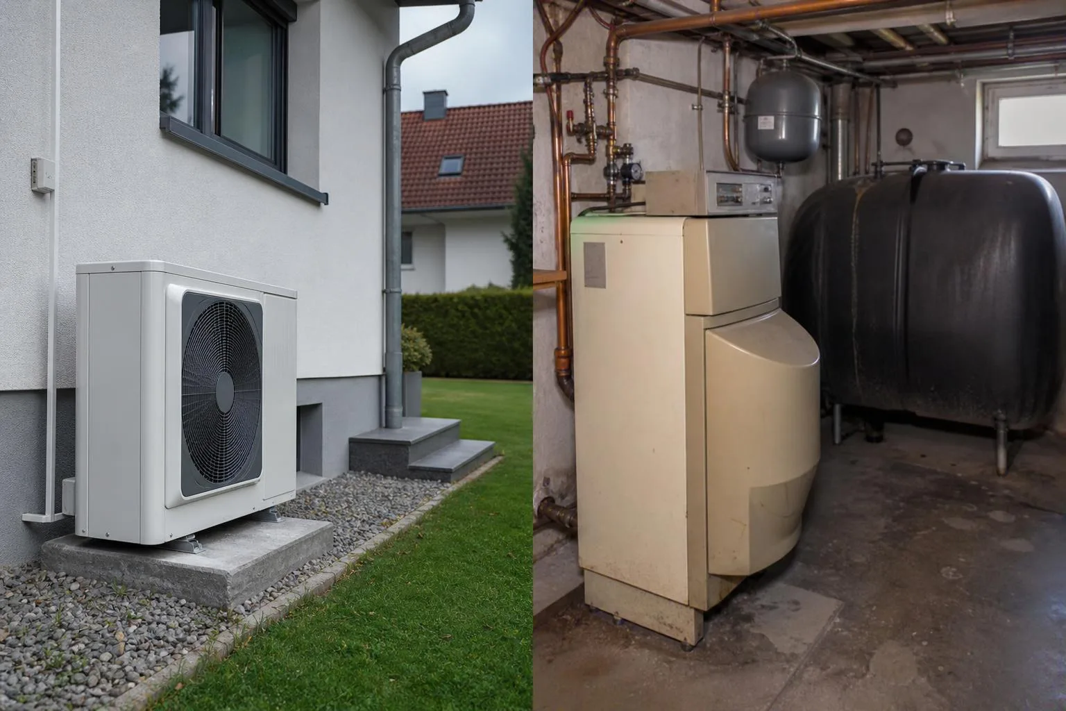 Moderne Luft-Wärmepumpe an Einfamilienhaus im Vergleich mit alter Ölheizung samt Öltank im Heizungskeller