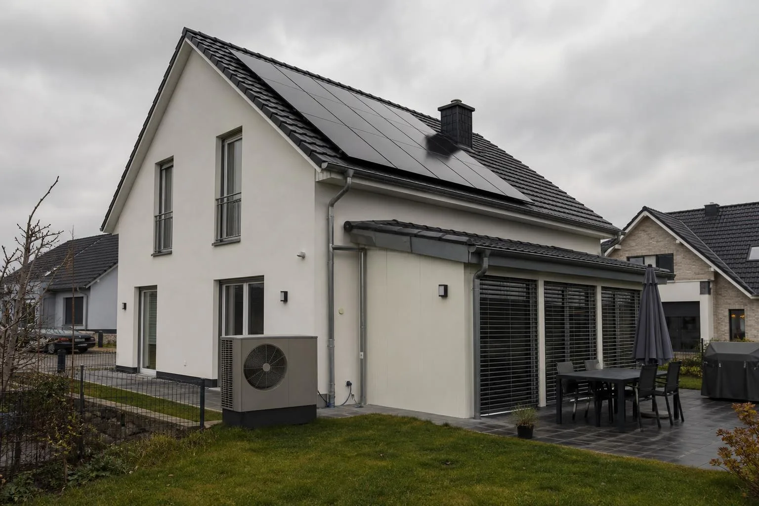 Modernes Einfamilienhaus in Deutschland mit Wärmepumpe und Photovoltaik auf dem Dach als Vergleich moderner Heizsysteme